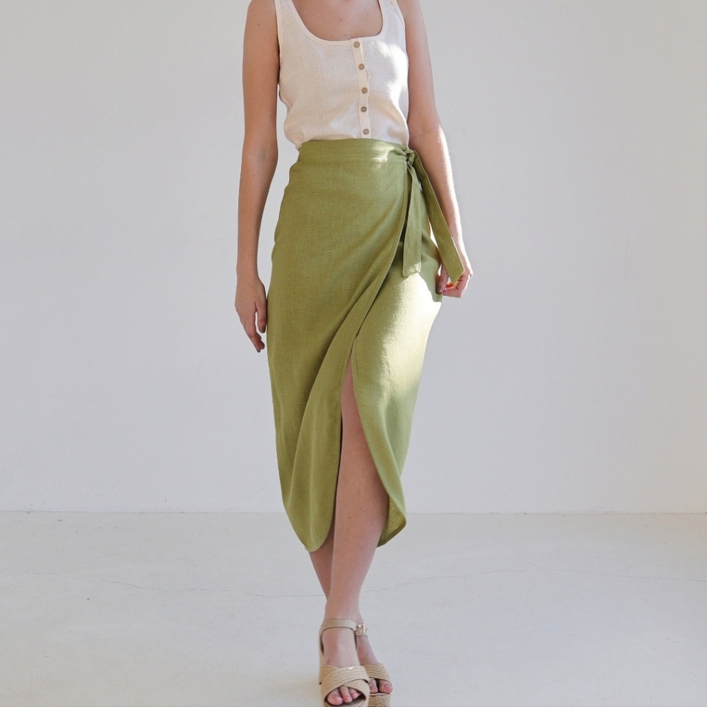 Linen ID Studio Olive Green Wrap Midi Skirt Size 8 small
